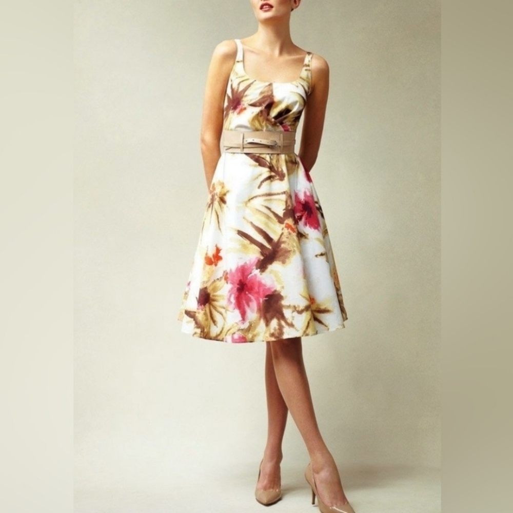 Talbots Sz 14 Ivory Brown Tan & Pink Watercolor Floral Fit & Flare Dress Classic
